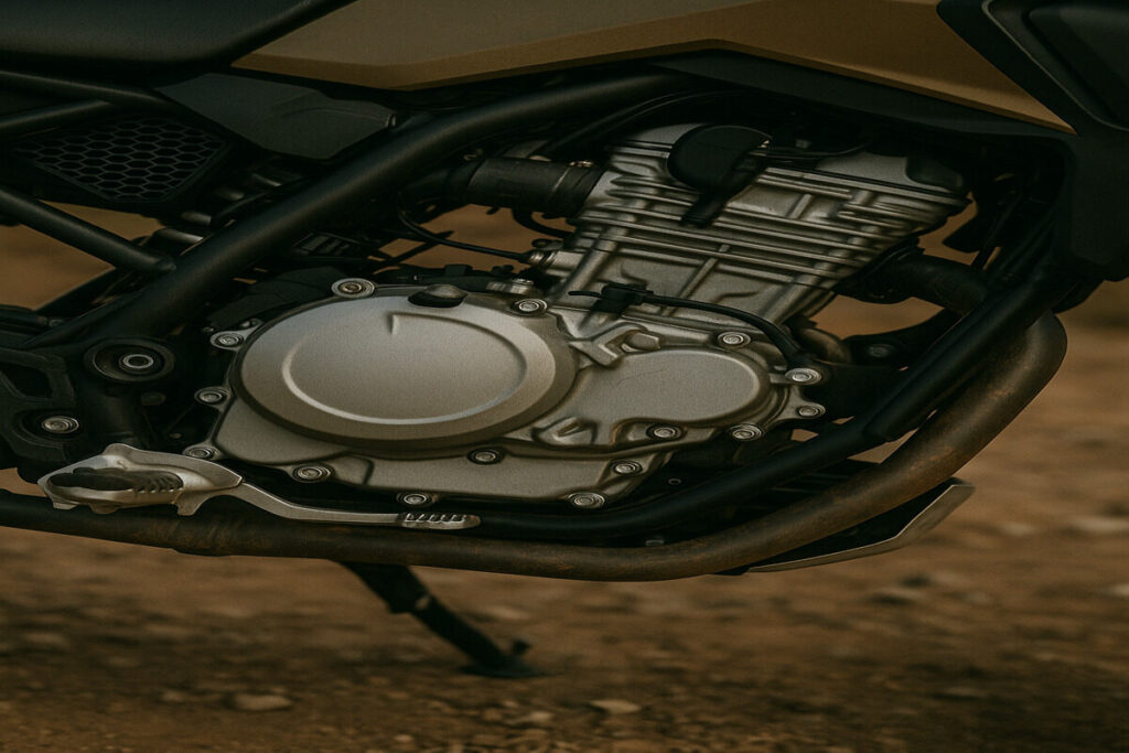 BMW F 450 GS single-cylinder engine close-up showing metallic detailing