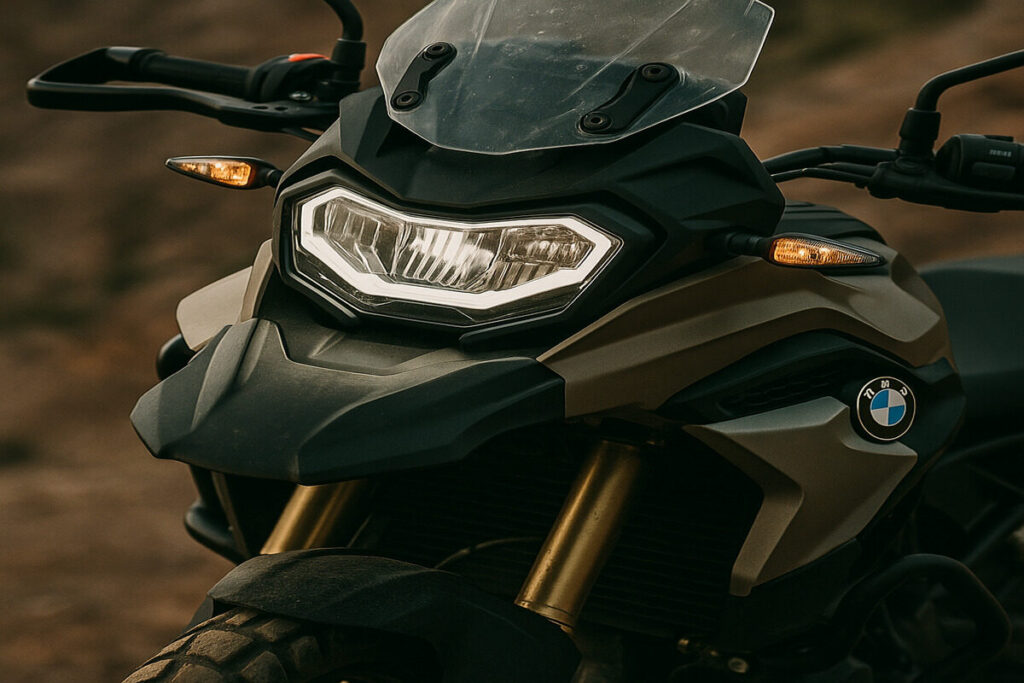 Close-up of BMW F 450 GS LED headlight and rugged tank design