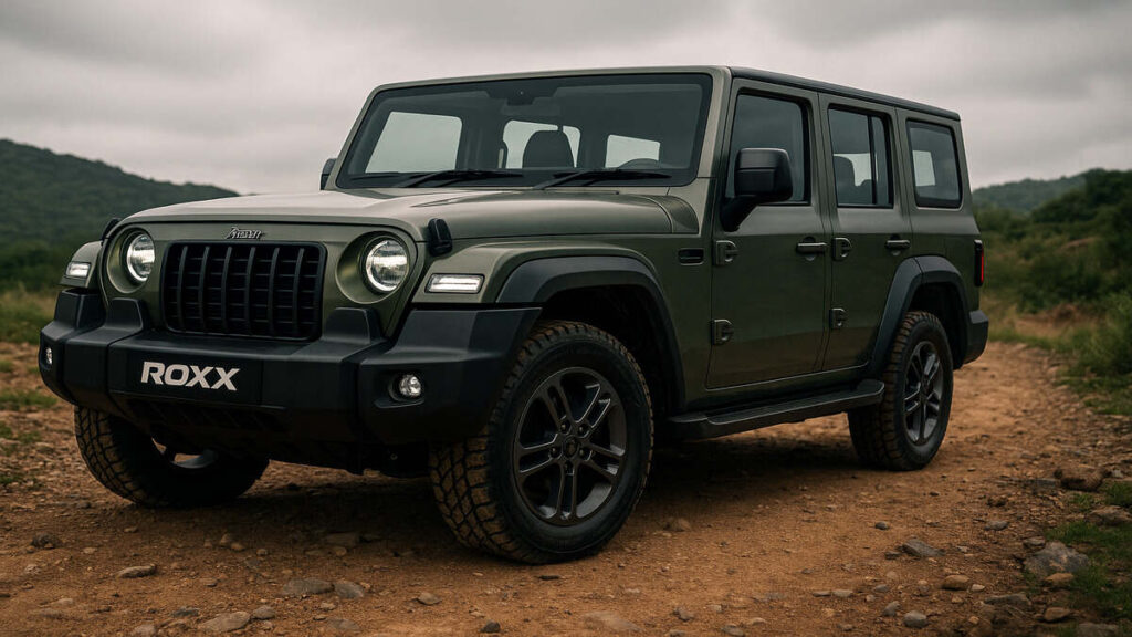 Mahindra Thar ROXX front 3 4 angle showing bold design and LED headlamps