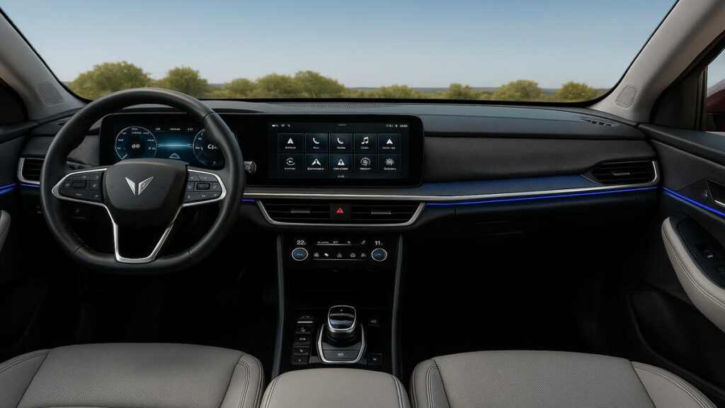 Mahindra XEV 9S interior dashboard showing steering wheel, digital screens, and blue ambient lighting in a clean, modern layout.