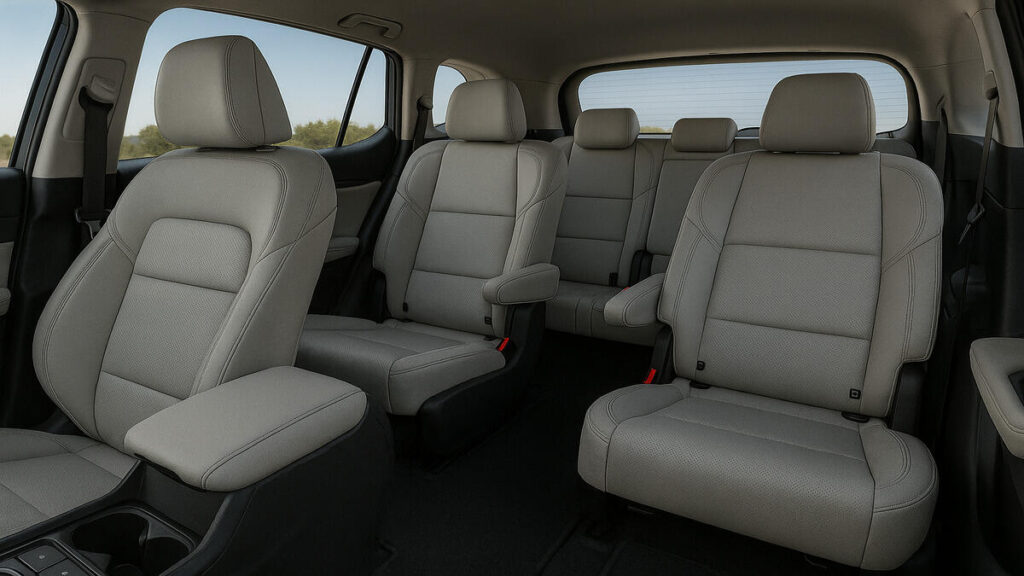Second and third row seats of the Mahindra XEV 9S shown clearly with spacious legroom and light-colored upholstery.
