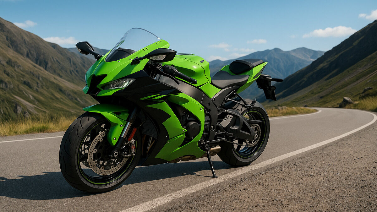 Kawasaki Ninja ZX10R 2025 superbike parked on mountain road.