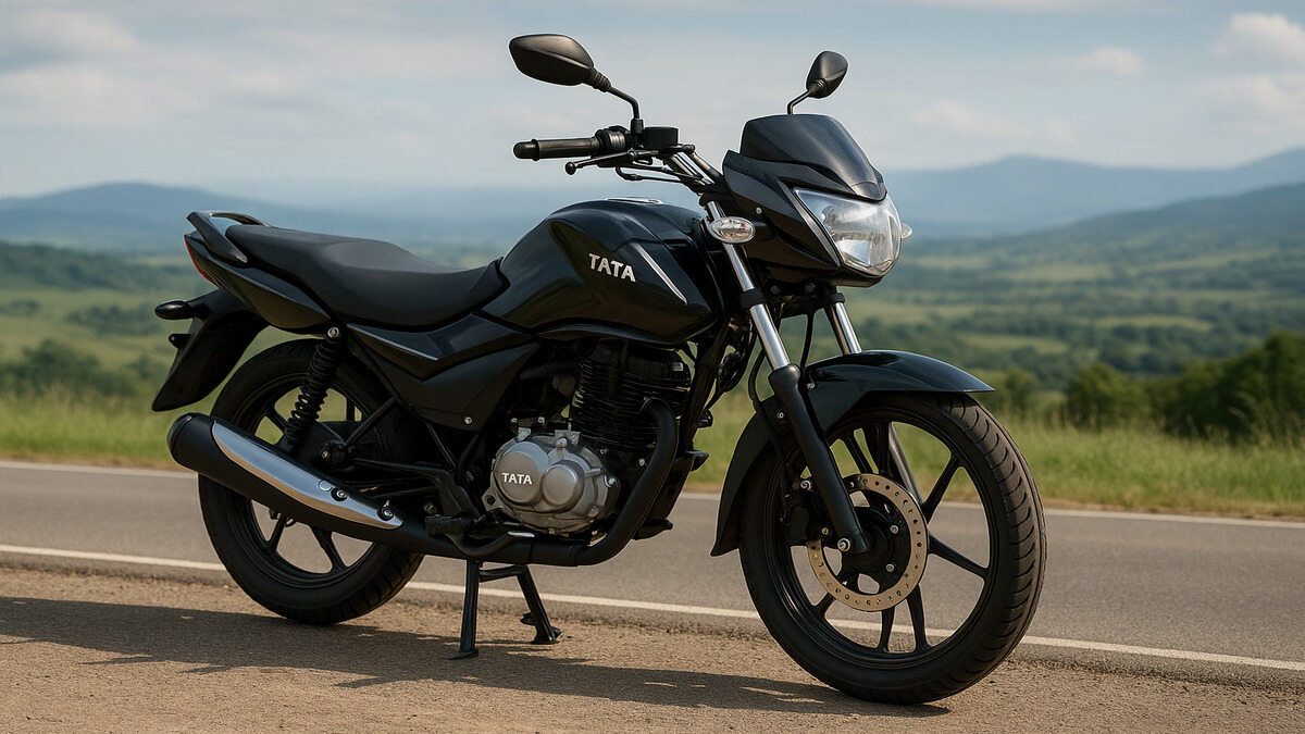 Tata 125cc bike parked on scenic road
