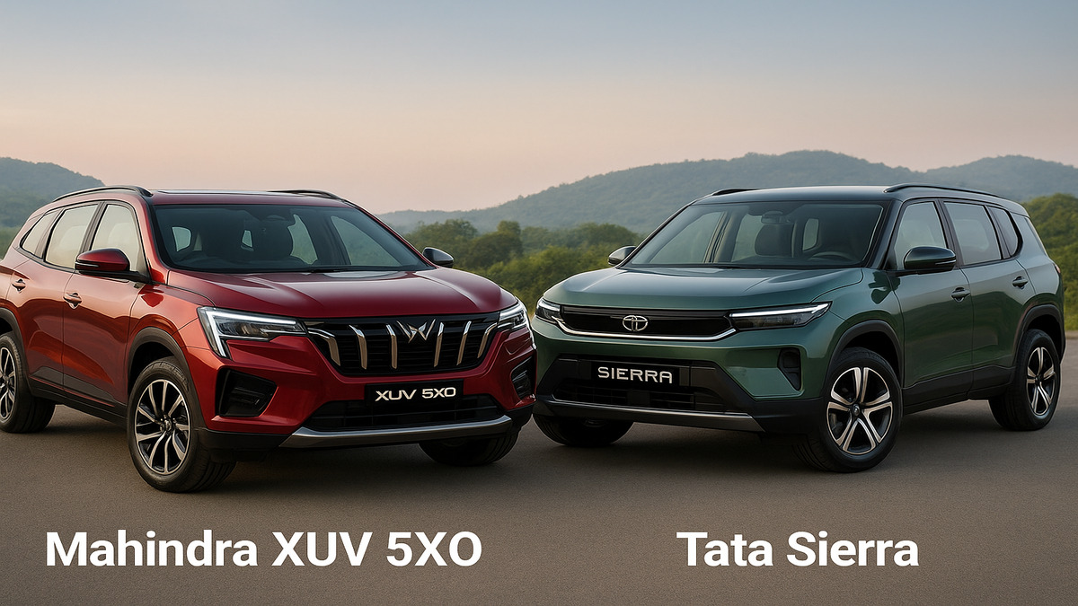 Mahindra XUV 5XO and Tata Sierra front 3/4 angle side-by-side comparison showcasing exterior design and road presence.