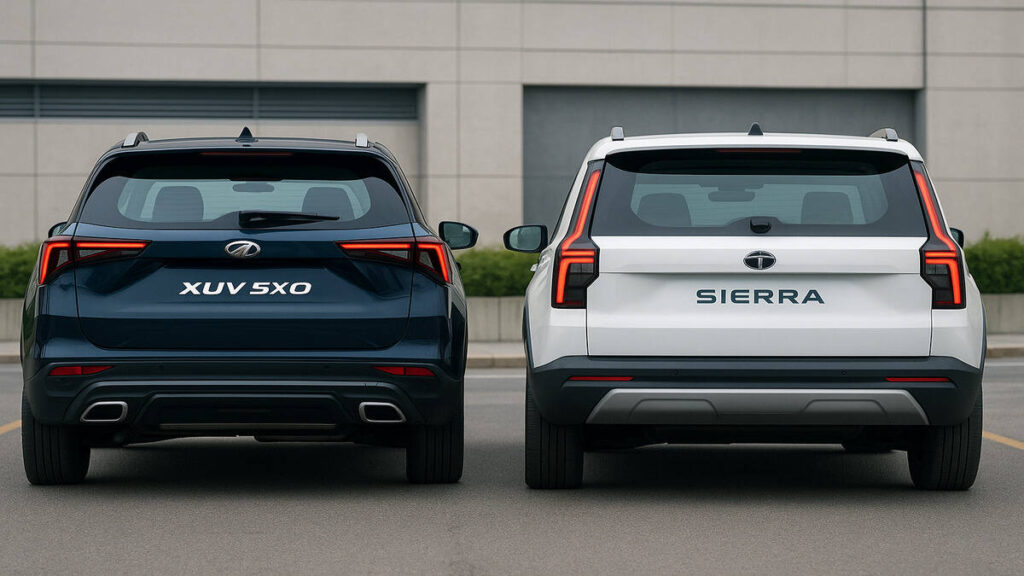 Mahindra XUV 5XO and Tata Sierra rear view comparison highlighting tail-lamp design and overall rear styling.