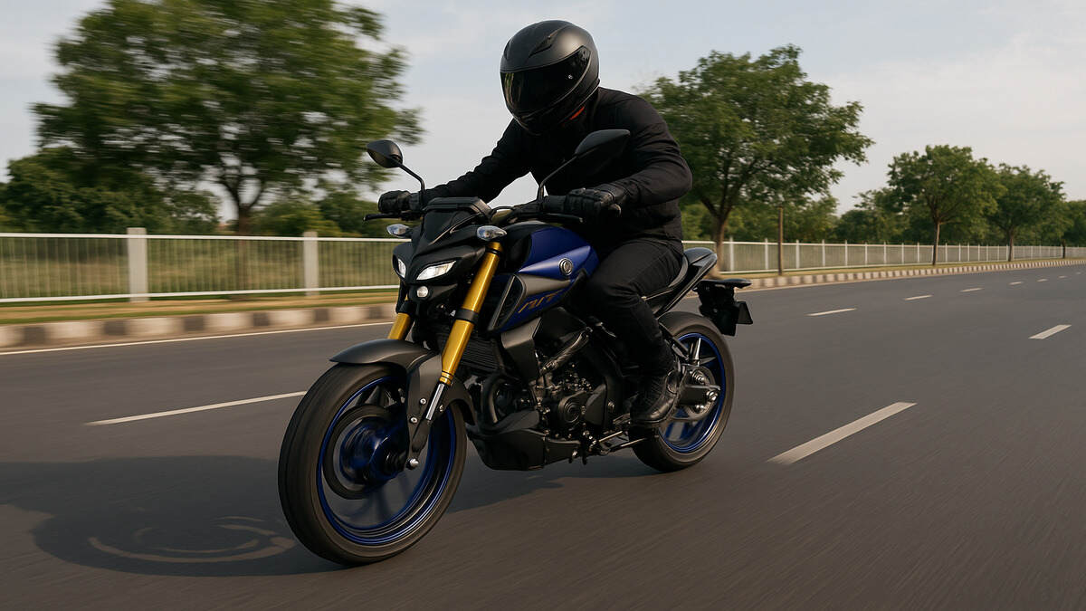 Yamaha MT 15 V2 being ridden in sporty riding posture on an Indian highway road